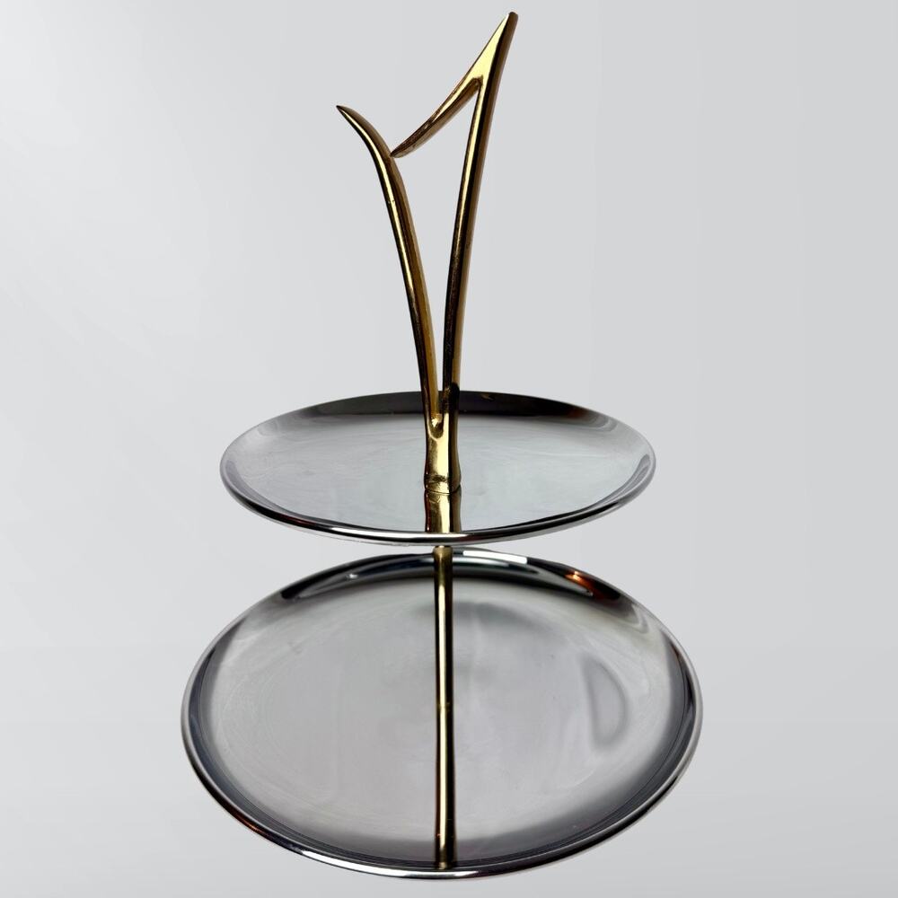 Vintage Mid Century MCM Atomic Chrome & Brass 2 Tiered Serving Tray